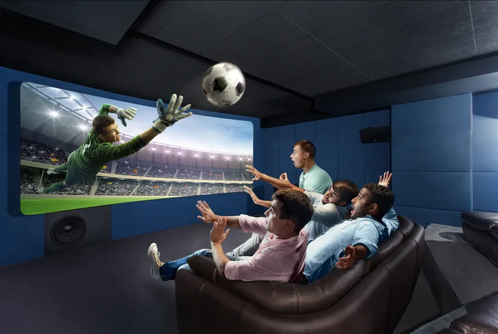 Split screen showing dynamic live sports and news alongside a grid of movie and TV series thumbnails, illustrating the vast Hakuna IPTV channel and VOD library.