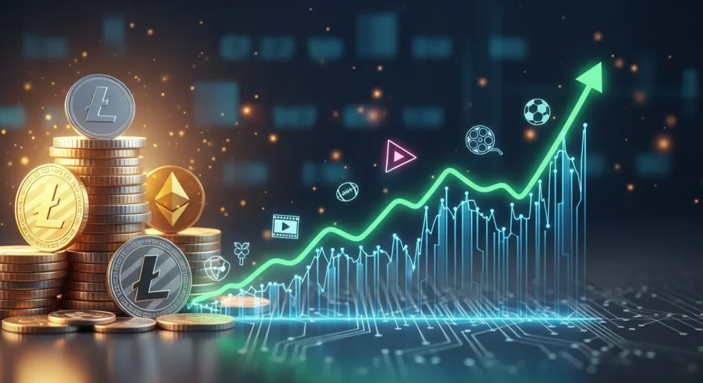 Stack of coins next to a rising graph, with entertainment icons, representing the cost-effectiveness and value of Hakuna IPTV subscription plans.